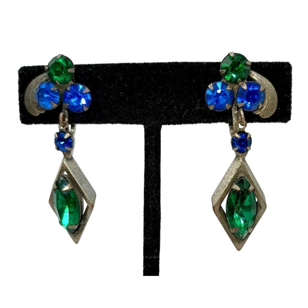 Vintage‎ Rhinestone Dangle Earrings Blue Green Drop Clip-On Jewelry
